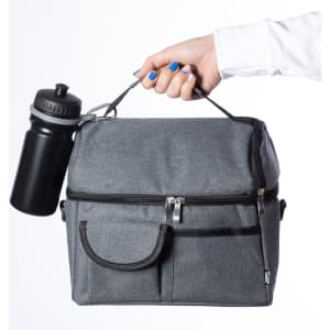 A grey insulated bag with a handle and a black drink bottle attached. The bag features zippers and pockets.