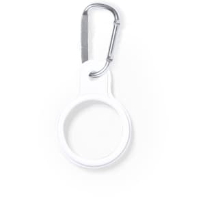 A white plastic hanger with a metal carabiner clip attached, featuring a circular opening.