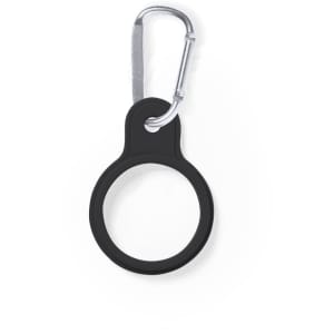 A black carabiner clip with a circular ring for attaching items. It features a branded logo.