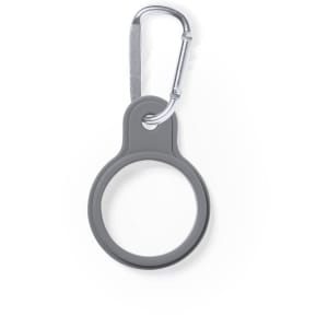 A grey drink bottle holder with a silver carabiner. Features a circular design and includes a logo.