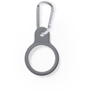 A grey bottle hanger with a clip for attaching to bags or outdoor gear. The design is simple and functional.