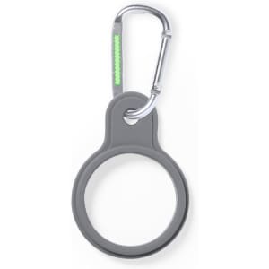 A grey drink bottle hanger featuring a metal carabiner. It has a simple, circular design.