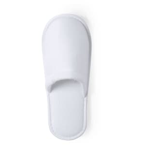 A pair of white slippers with a simple design, featuring a soft upper and open toe.