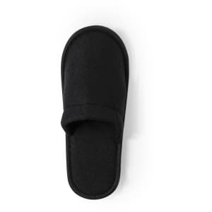 A black slipper with a simple design and open toe, featuring a soft fabric exterior and a sturdy sole.