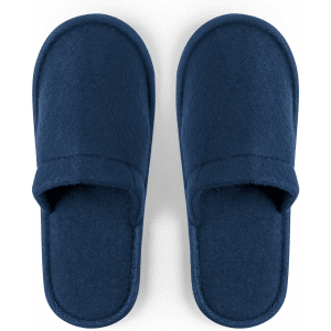 Navy blue Tarkun slippers with a soft, textured fabric and an open-toe design, featuring a logo on the side.