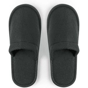Black Tarkun slippers featuring a simple design with an open toe and back. They have a textured fabric finish.