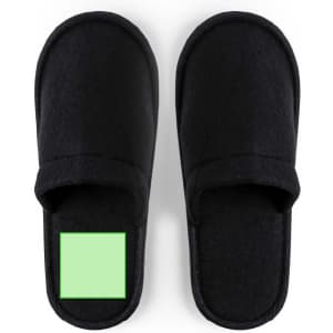Black Tarkun slippers with a simple design and a green square on the side, featuring a logo.