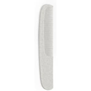 A grey comb with a smooth handle and fine teeth, featuring a logo on the side. Perfect for hair grooming.