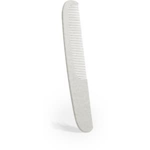 A white comb with a smooth handle and fine teeth, featuring a simple design and minimalistic style.