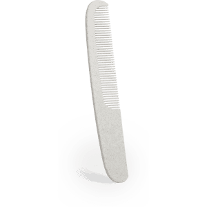 A white comb with fine and wide teeth, featuring a simple design and a branding logo.