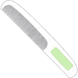 A grey comb with a green handle, featuring a logo on the side, designed for hair styling.