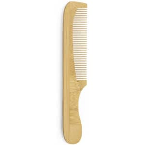 A bamboo comb with a smooth handle and fine-toothed design, showcasing a natural wood colour.