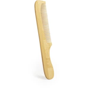 A bamboo comb with a smooth handle and fine teeth, designed for hair care. It has a natural wood finish.