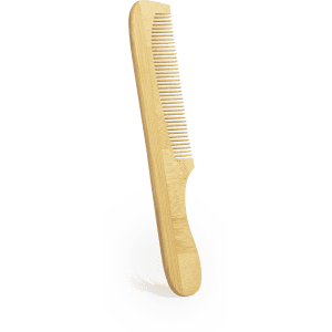 A bamboo comb with fine and wide teeth, featuring a natural wood finish. It includes a logo.