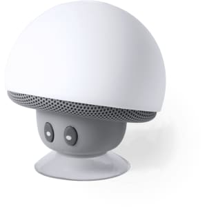 A white and grey mushroom-shaped speaker with a smooth dome top and a textured base, featuring two buttons.