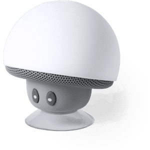 A compact white and grey speaker with a rounded design and two buttons on the front.