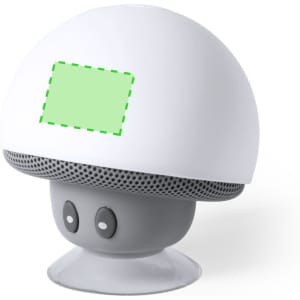 A round, white speaker with a grey base and buttons, featuring a logo area. The design resembles a stylised mushroom.