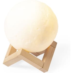 A white globe on a wooden stand, featuring a smooth texture and a minimalist design.