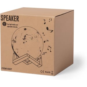 A brown cardboard box featuring a round speaker illustration and musical notes, with a logo on one side.