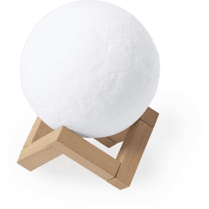 A white spherical speaker on a wooden stand, designed as a modern tech product.