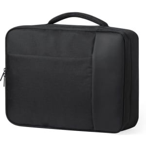 A black document bag backpack features a sturdy handle and a zippered closure. It has one external pocket and a smooth finish.