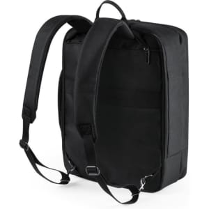 A black document bag backpack featuring adjustable straps and a sleek design, with a logo on the exterior.
