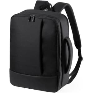 A black document bag backpack with padded straps and a sleek design, featuring a logo on the front.
