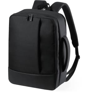 A black backpack with padded sections and adjustable straps, featuring a logo on the front.