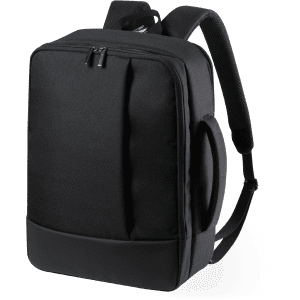 A black document bag backpack with a sleek design, featuring padded straps and a side handle.