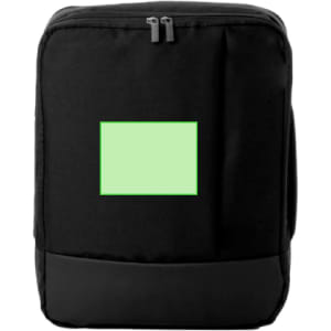 A black backpack with a green logo space on the front, featuring a zippered closure and a sleek design.