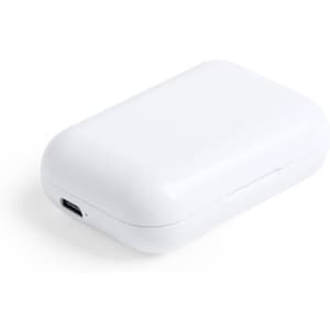 A white earphone case with a rounded design, featuring a charging port. It has a glossy finish and a logo on the front.