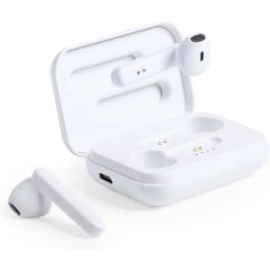 White Protex Earphones displayed next to their charging case, featuring a sleek design and branding.
