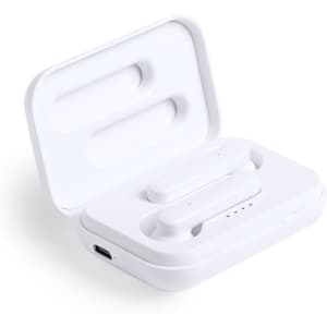 White Protex Earphones in a charging case, featuring a sleek design and a small logo on the case.