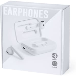 A white earphone box featuring wireless earbuds and a charging case, with a logo on the packaging.