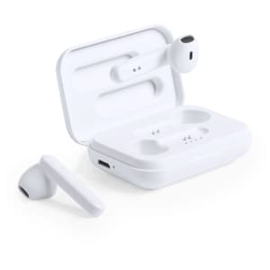 A pair of white Protex earphones with a charging case, featuring a logo on the case.