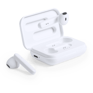 White Protex Earphones in a charging case, with one earbud displayed outside the case.