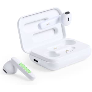 White Protex Earphones displayed next to their charging case, showcasing their sleek design and LED indicator.
