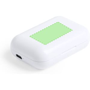 A white charging case for Protex Earphones featuring a green rectangular area, with a USB-C port on the side.