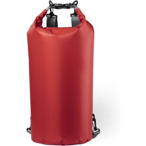 A red waterproof backpack with adjustable straps and a roll-top closure. It features a logo on the side.