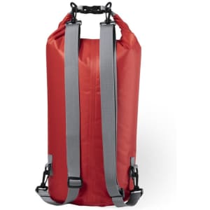 A red backpack with grey straps, featuring adjustable buckles and a simple design. It includes a logo on the front.