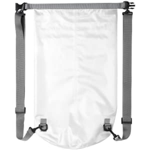 A white Tayrux backpack with grey straps and hooks, featuring a minimalistic design.