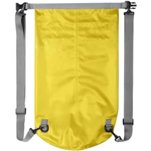 A yellow backpack with grey straps and a sleek, minimalist design. It features adjustable straps and a logo.