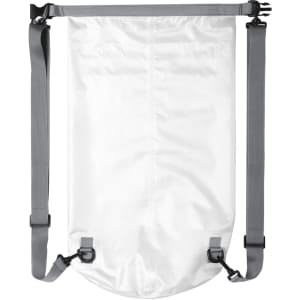 A white Tayrux backpack with grey straps and clips, designed for carrying items securely.
