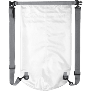A white Tayrux Backpack with grey straps and clasps, featuring a simple design and a logo.