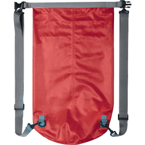 A red backpack with adjustable grey straps and clips, featuring a simple design without logos.