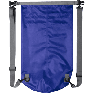 A blue Tayrux Backpack featuring a grey adjustable strap and a simple, streamlined design. It has a logo on it.