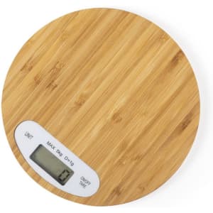 A round bamboo weighing scale with a digital display and a white panel, designed for up to 5 kg.