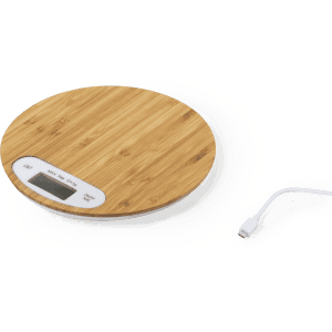 A round bamboo weighing scale with a digital display and a measuring cup. It features a sleek, natural wood design.