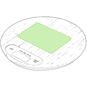 A round, white digital weighing scale with a rectangular green measuring area and buttons on the front.