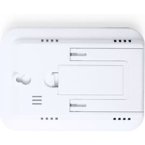 A white weather station with multiple vents and a battery compartment on the back. It features an integrated wall mount.